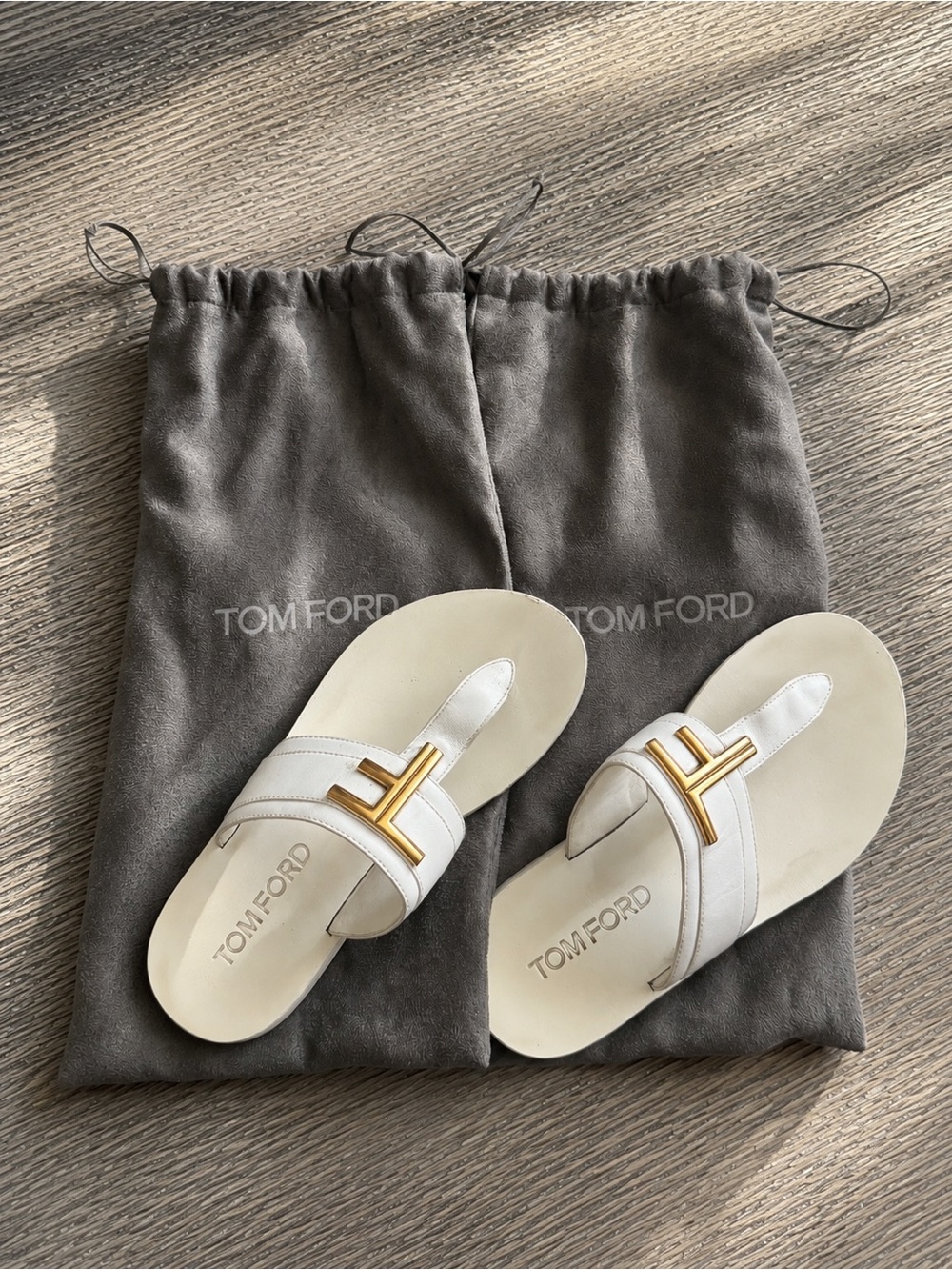 Tom Ford White Leather Thong Sandals with Gold T Hardware
